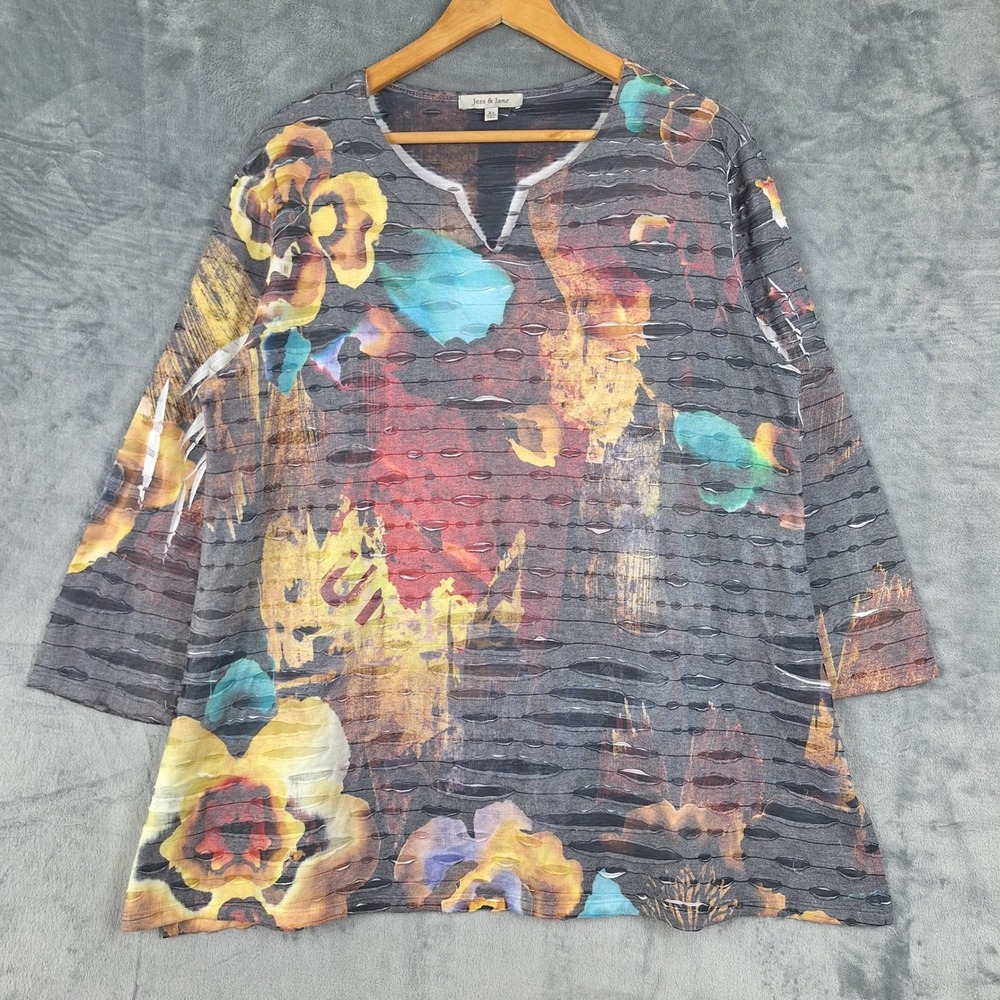 Jess & Jane Top Womens XL Abstract Floral Boho Artsy Art To Wear Textured Tunic